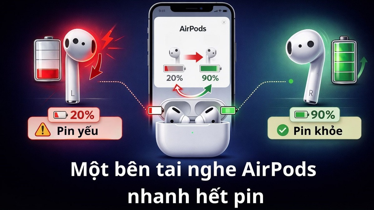 Tạo sao một bên tai nghe AirPods nhanh hết pin? Cách xử lý hiệu quả
